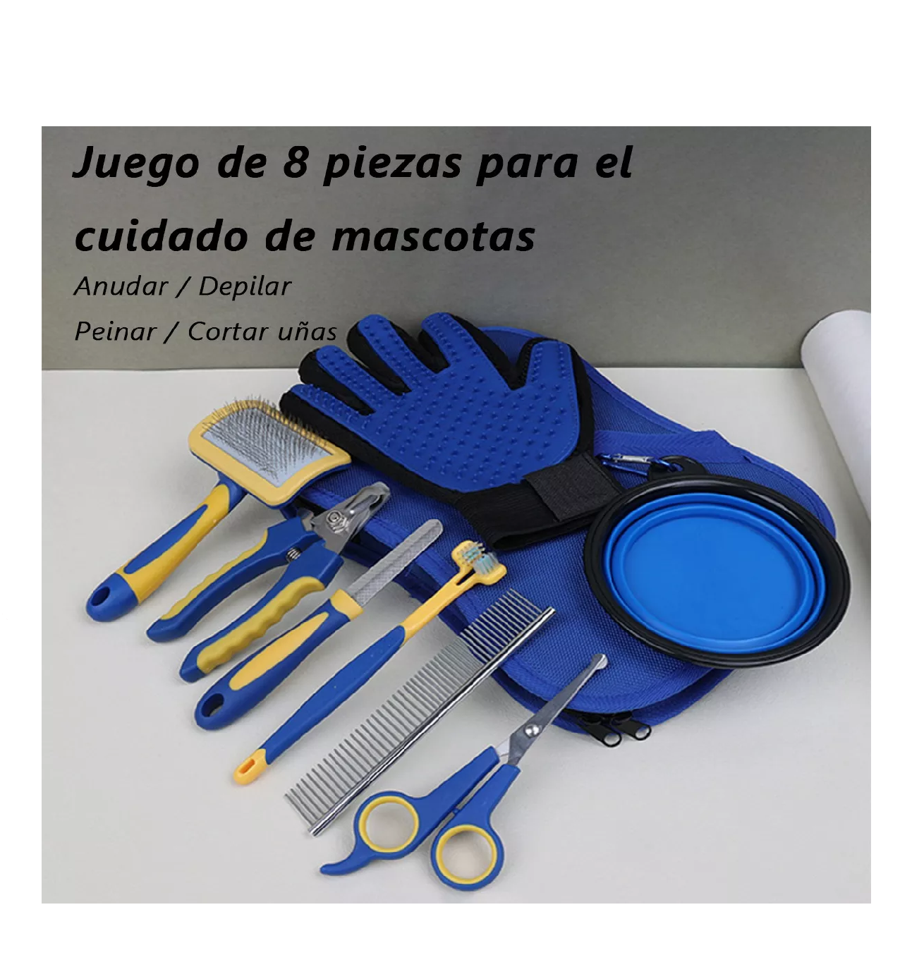 Foto 5 pulgar | Set de Guante Cepillo Removedor de Pelo BELUG Peine para Mascotas 8 Piezas Azul