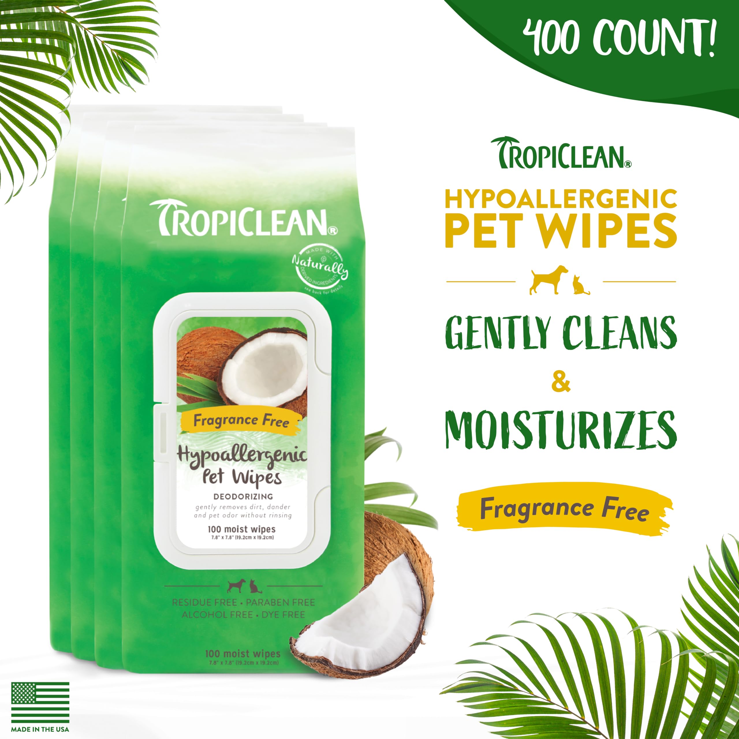 Foto 2 | Toallitas Para Perros Tropiclean Hipoalergénicas, Sin Fragancia, 400 Unidades - Venta Internacional.