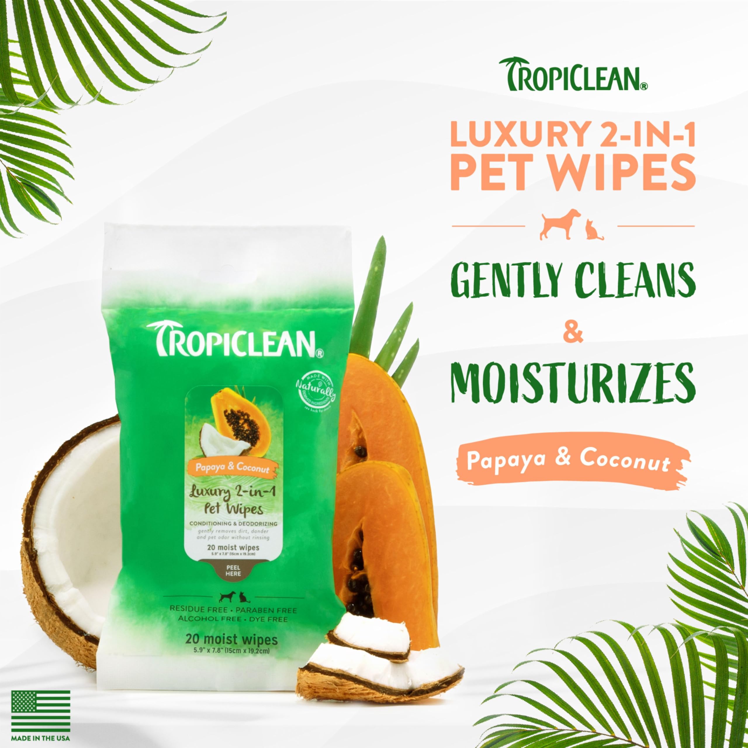 Foto 2 | Toallitas Para Perros Tropiclean De Limpieza Profunda Con Papaya Y Coco, 20 Unidades - Venta Internacional.
