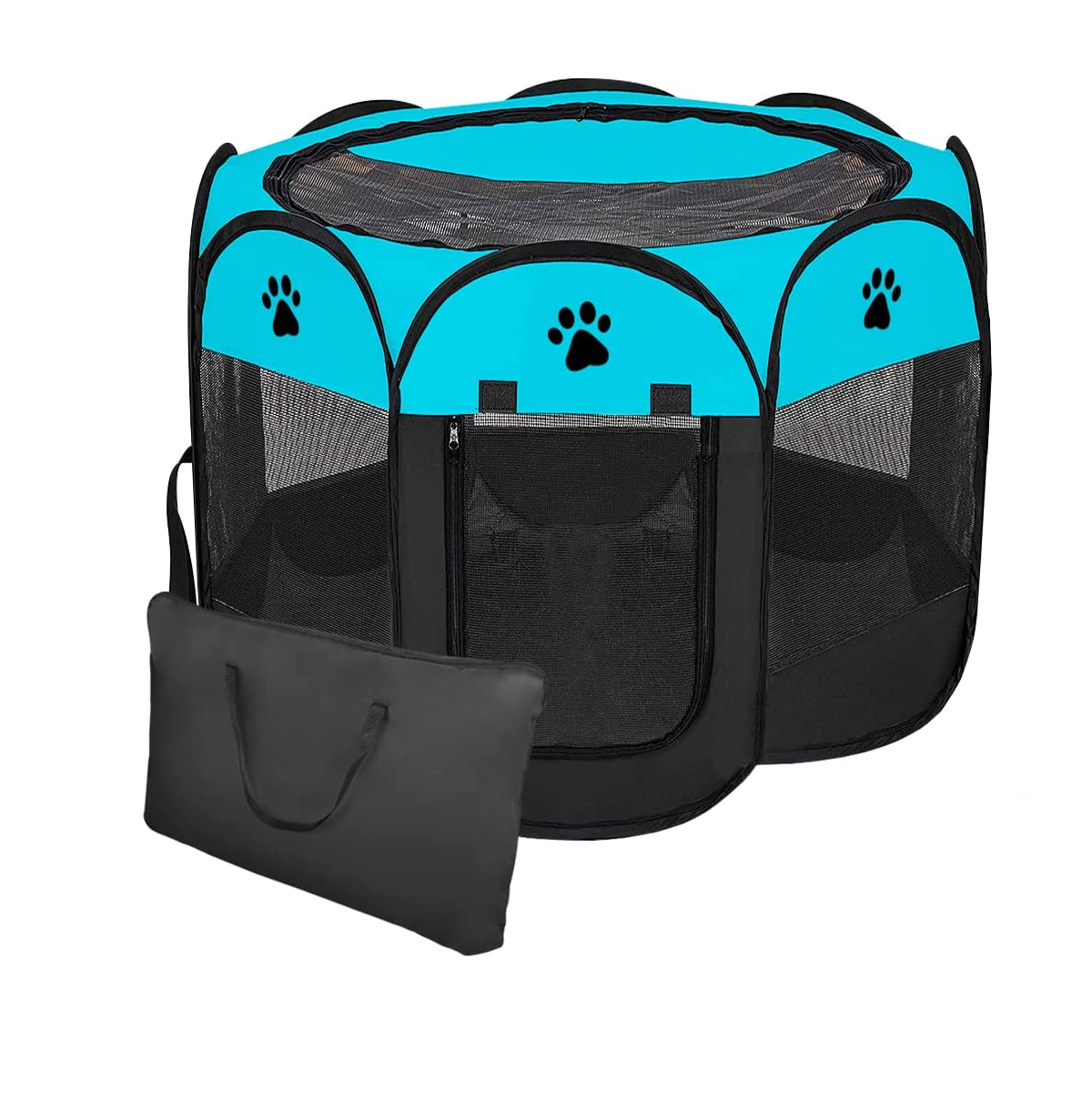 Casa para Perros con Valla Plegable color Azul con Negro