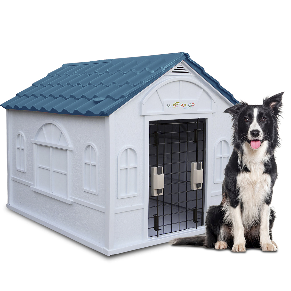 Casa para Perro Grande Mascoamigo Azul Puerta Metálica