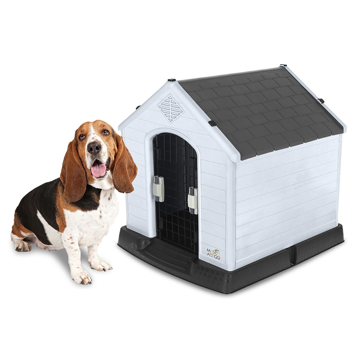 Casa Para Perro Mediano/chico Mascoamigo Color Gris Con Puerta Metálica 70x65x70 Cm