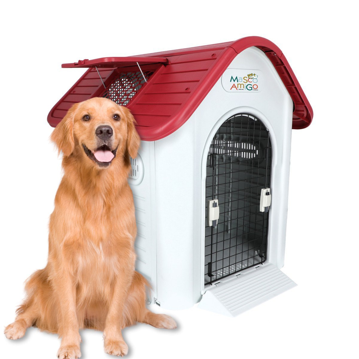 Casa de Perro Grande MascoAmigo Roja con Puerta Metálica 99x82x96 cm