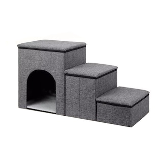 Foto 1 | Escalera Plegable de 3 Escalones para Mascotas con Casa y Almohadilla de Piel Gris