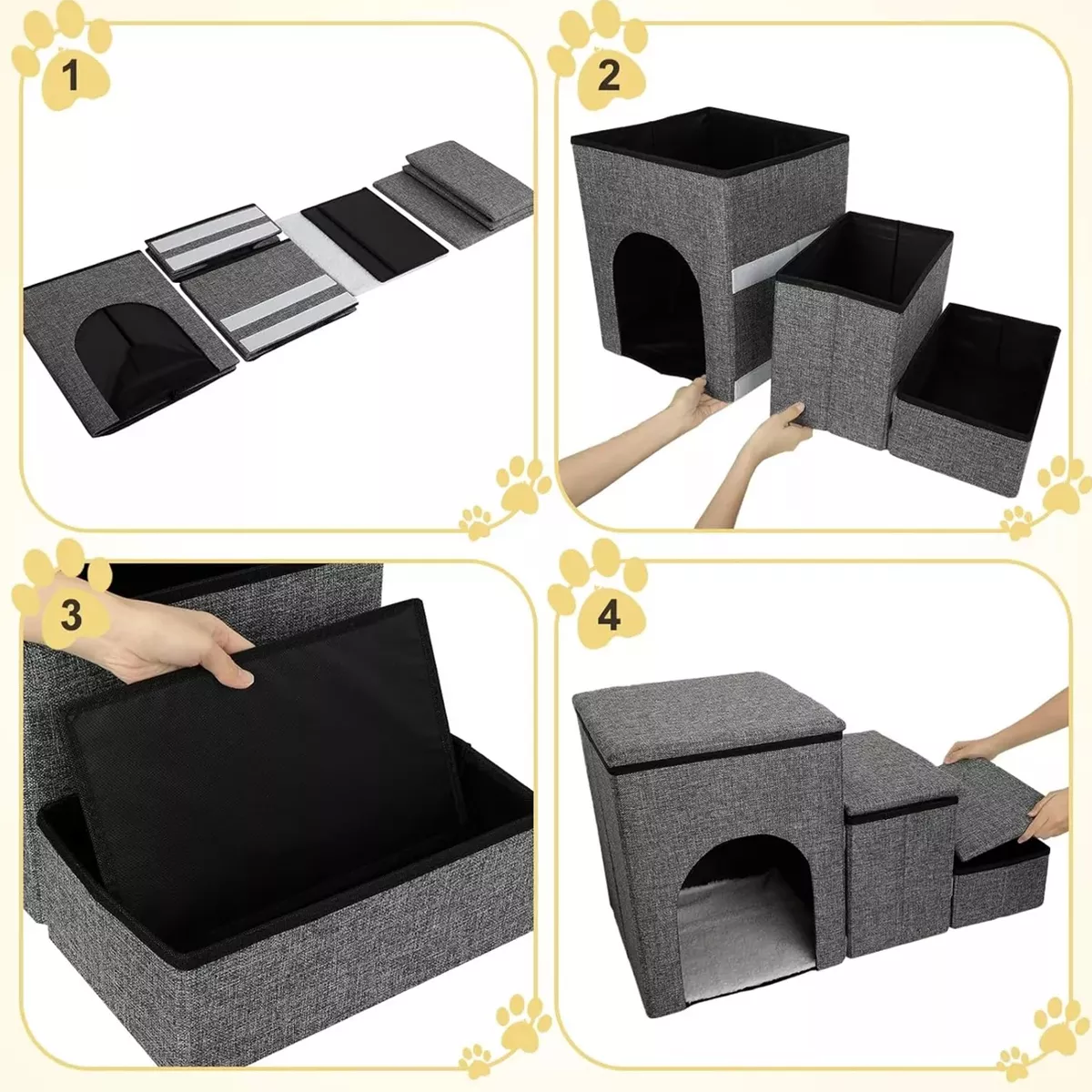 Foto 3 pulgar | Escalera Plegable de 3 Escalones para Mascotas con Casa y Almohadilla de Piel Gris