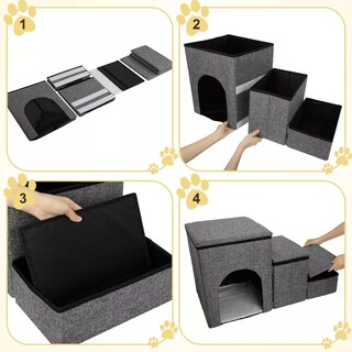 Foto 2 | Escalera Plegable de 3 Escalones para Mascotas con Casa y Almohadilla de Piel Gris
