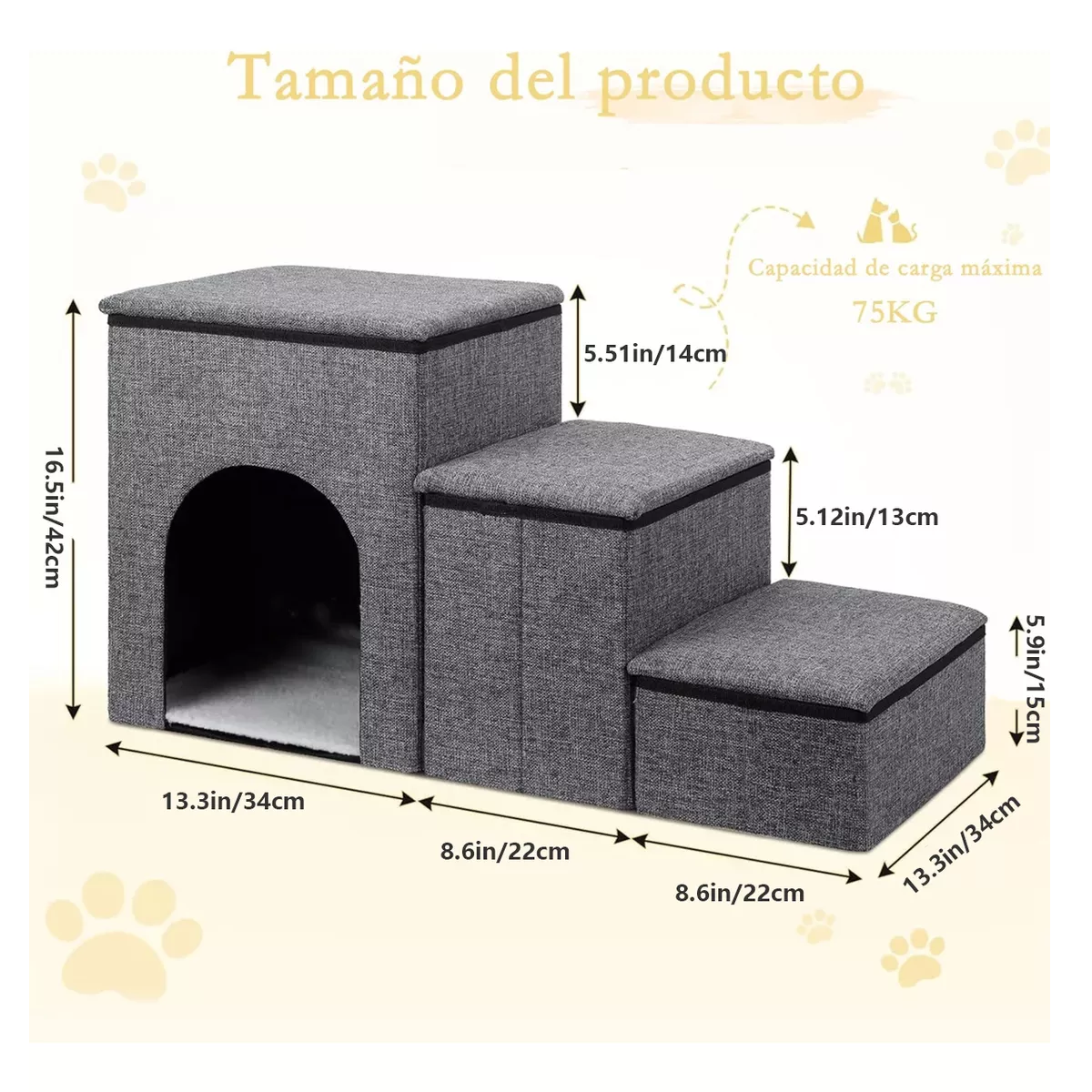 Foto 4 pulgar | Escalera Plegable de 3 Escalones para Mascotas con Casa y Almohadilla de Piel Gris