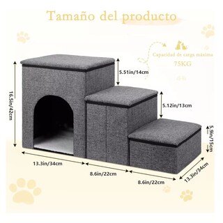 Foto 3 | Escalera Plegable de 3 Escalones para Mascotas con Casa y Almohadilla de Piel Gris