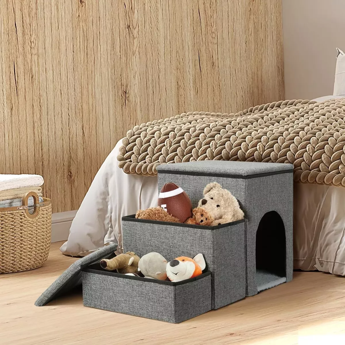 Foto 5 pulgar | Escalera Plegable de 3 Escalones para Mascotas con Casa y Almohadilla de Piel Gris