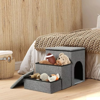 Foto 4 | Escalera Plegable de 3 Escalones para Mascotas con Casa y Almohadilla de Piel Gris