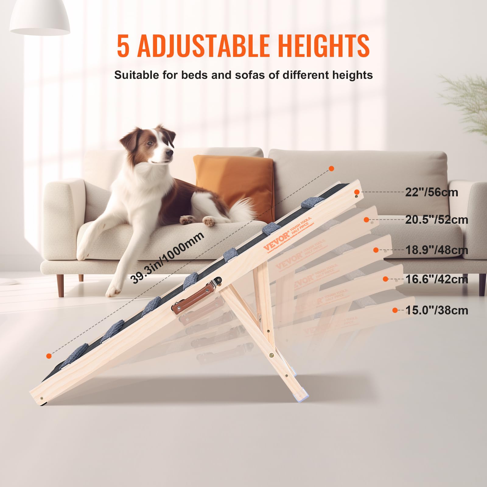 Foto 6 pulgar | Rampa Para Perros Vevor Plegable Para Cama Ajustable De 15 A 56 Cm De Madera - Venta Internacional.