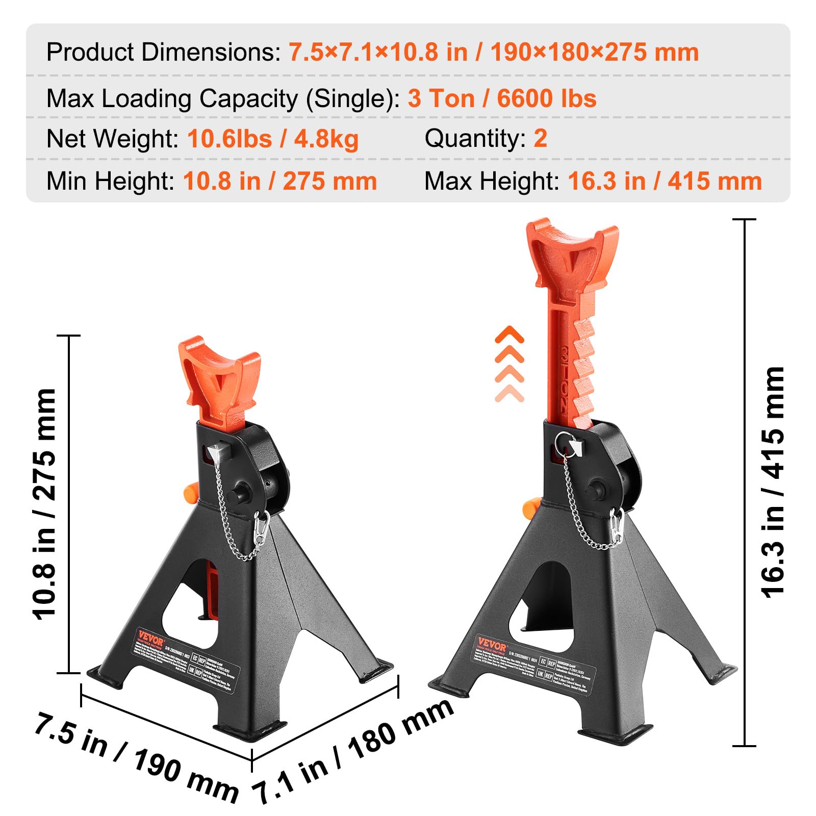 Foto 8 pulgar | Auto Jack Stands Vevor Con Capacidad De 3 Toneladas (6,000 Libras) Con Doble Cierre - Venta Internacional.