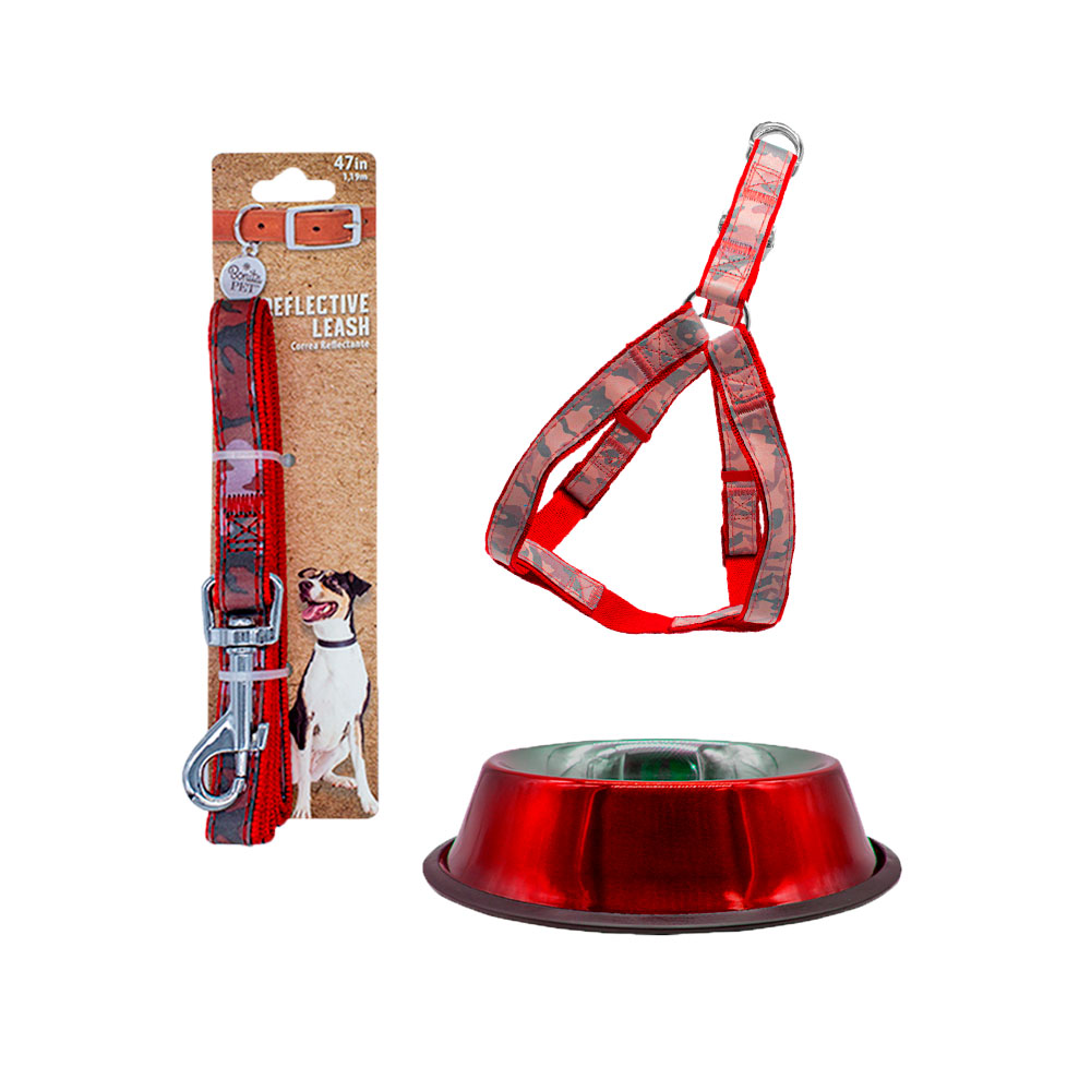 Kit para Mascotas Accesorios de Paseo color Rojo más Plato Aluminio Resistente