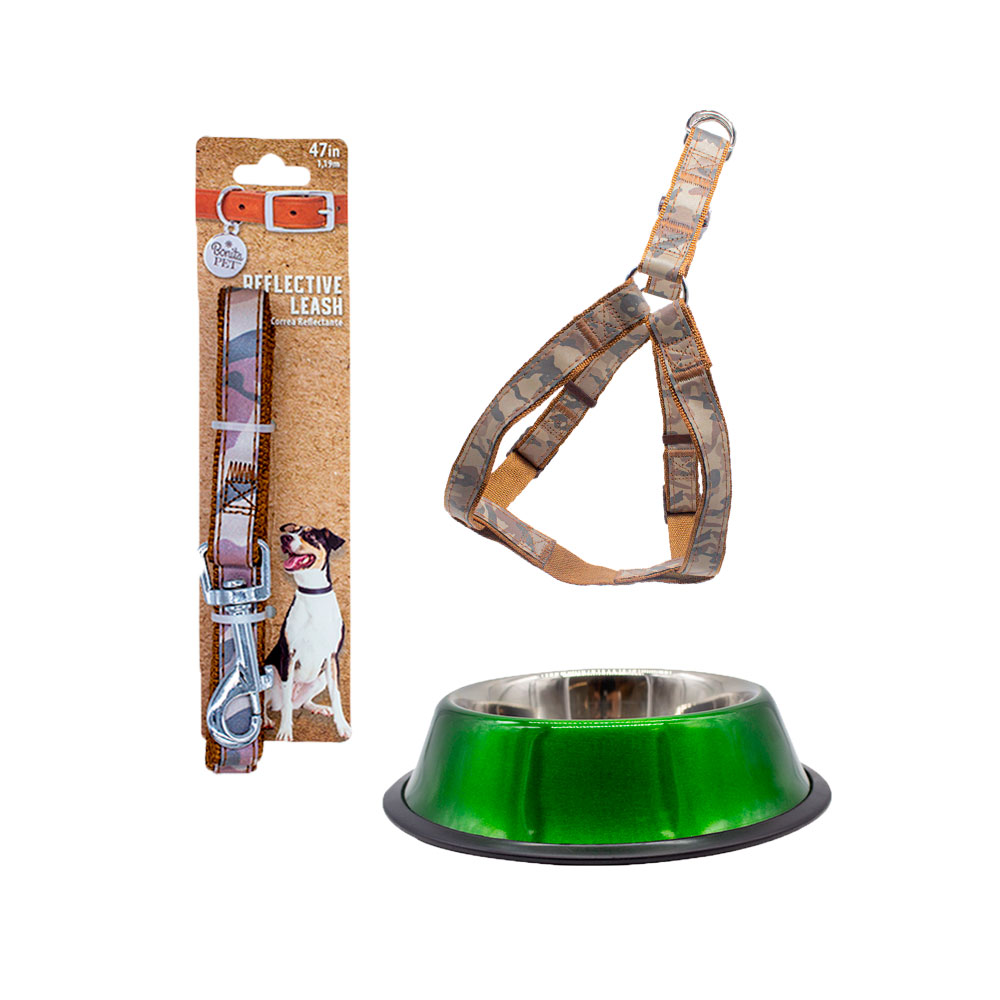 Kit para Mascotas Accesorios de Paseo Marrón más Plato Aluminio Resistente