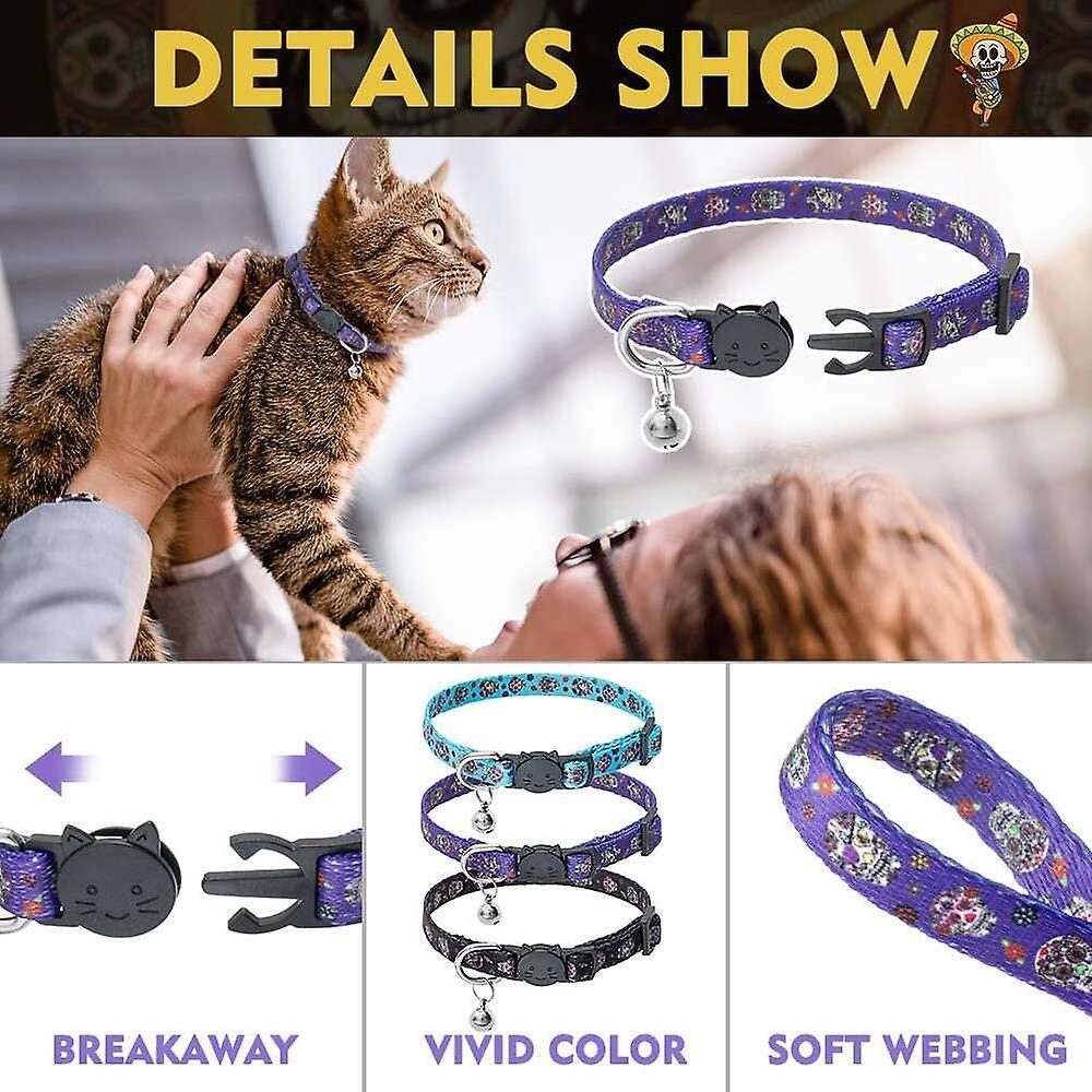 Foto 3 pulgar | Collar Cat Breakaway, Paquete De 3, Estampado De Calavera De Halloween - Venta Internacional.