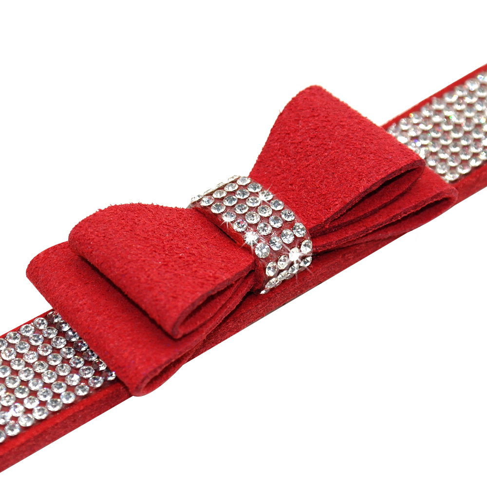 Conjunto De Collar Y Correa Para Perro, Piel De Gamuza Y Strass Bowknot, Color Rojo - Venta Internacional.