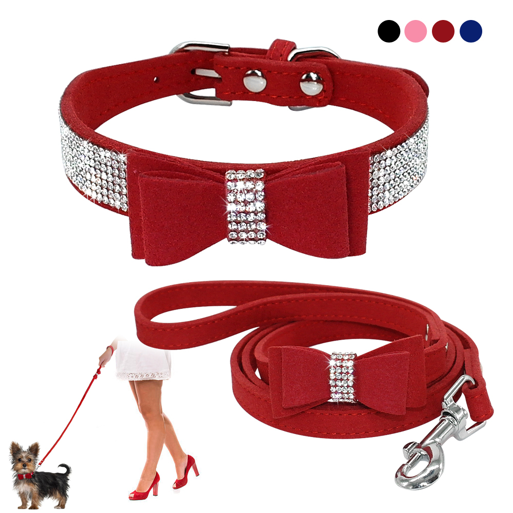 Foto 5 pulgar | Conjunto De Collar Y Correa Para Perro, Piel De Gamuza Y Strass Bowknot, Color Rojo - Venta Internacional.