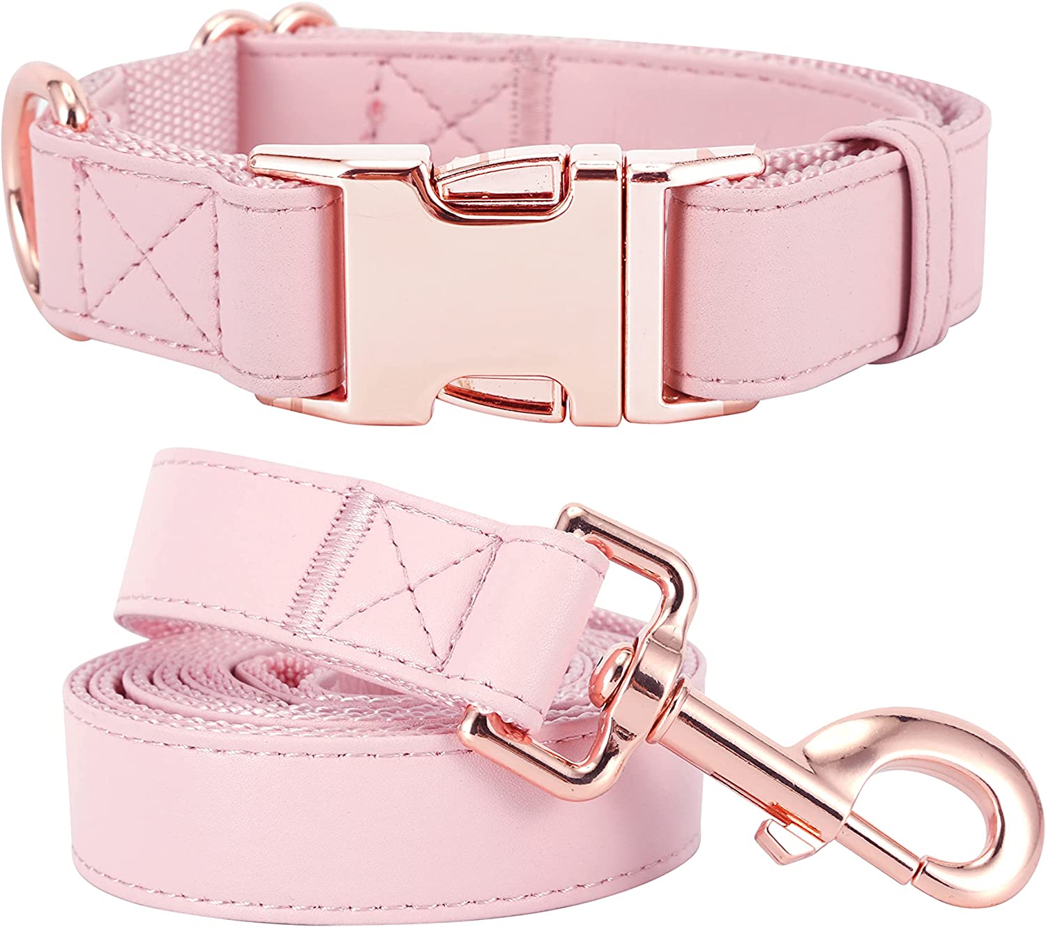 Conjunto De Collar Y Correa Para Perro Con Hebilla De Piel Vegana En Oro Rosa - Venta Internacional.