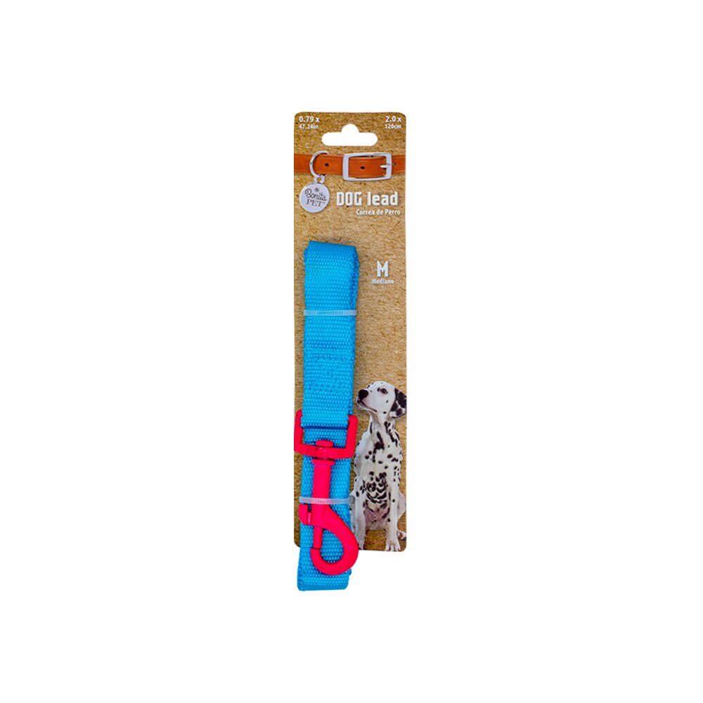 Correa para Mascotas Retro color Azul con Gancho Neón Rosa Mediano Ergonómico Altamente Resistente