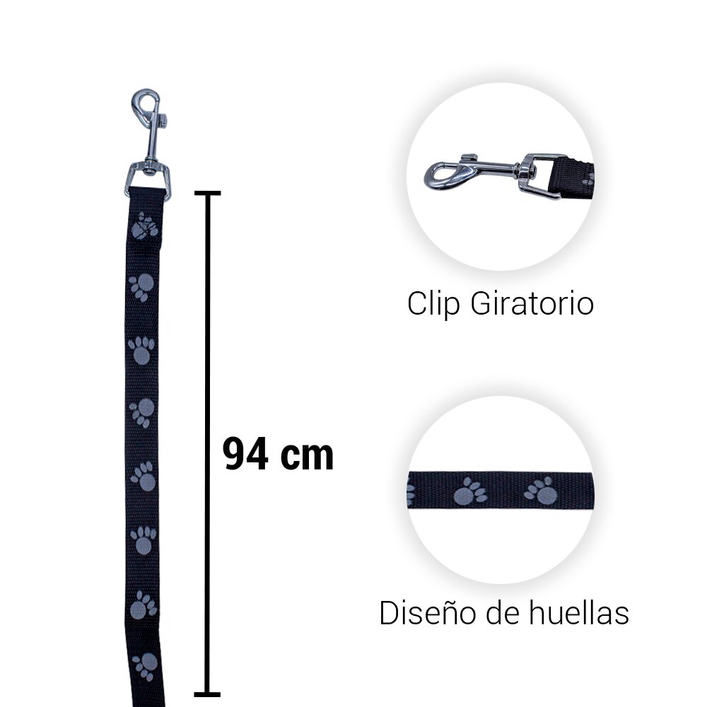 Foto 3 pulgar | Correa para Mascotas color Negro con Estampado de Huellitas Talla Mediana Ergonómico Altamente Resistente