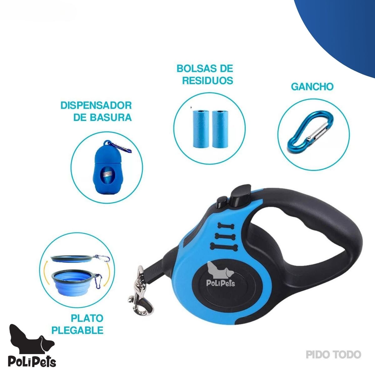 Foto 3 pulgar | Correa Retráctil para Mascota Poli Pets PT-CRA5M1BL-7 Piezas Azul