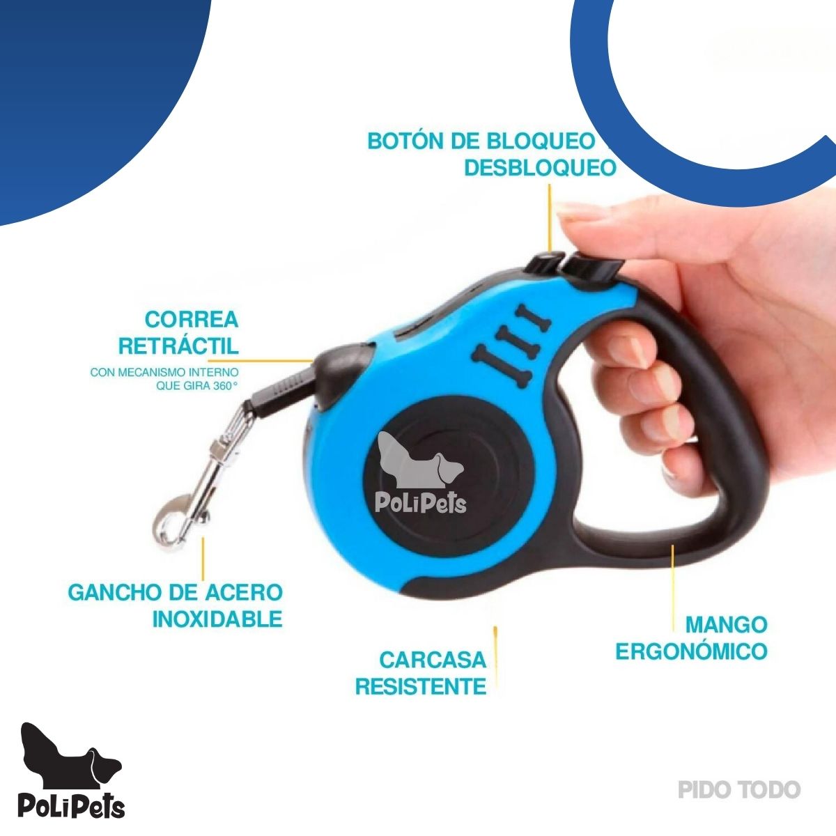 Foto 5 pulgar | Correa Retráctil para Mascota Poli Pets PT-CRA5M1BL-7 Piezas Azul