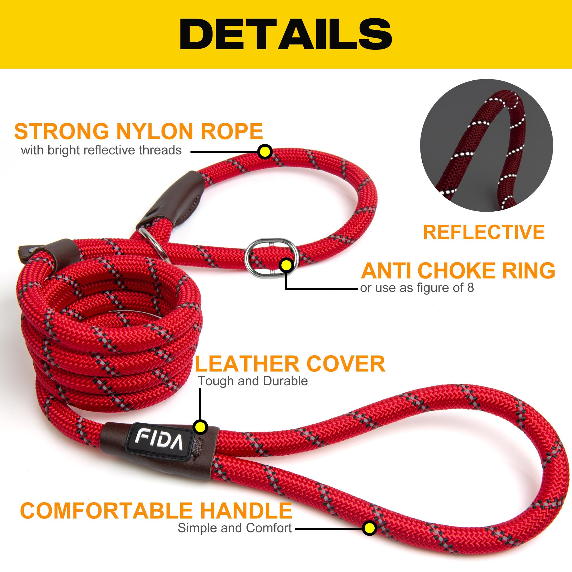 Foto 3 pulgar | Slip Lead Fida Durable De 1,8 M X 1,3 Cm Para Perros Grandes Y Medianos, Color Rojo - Venta Internacional.
