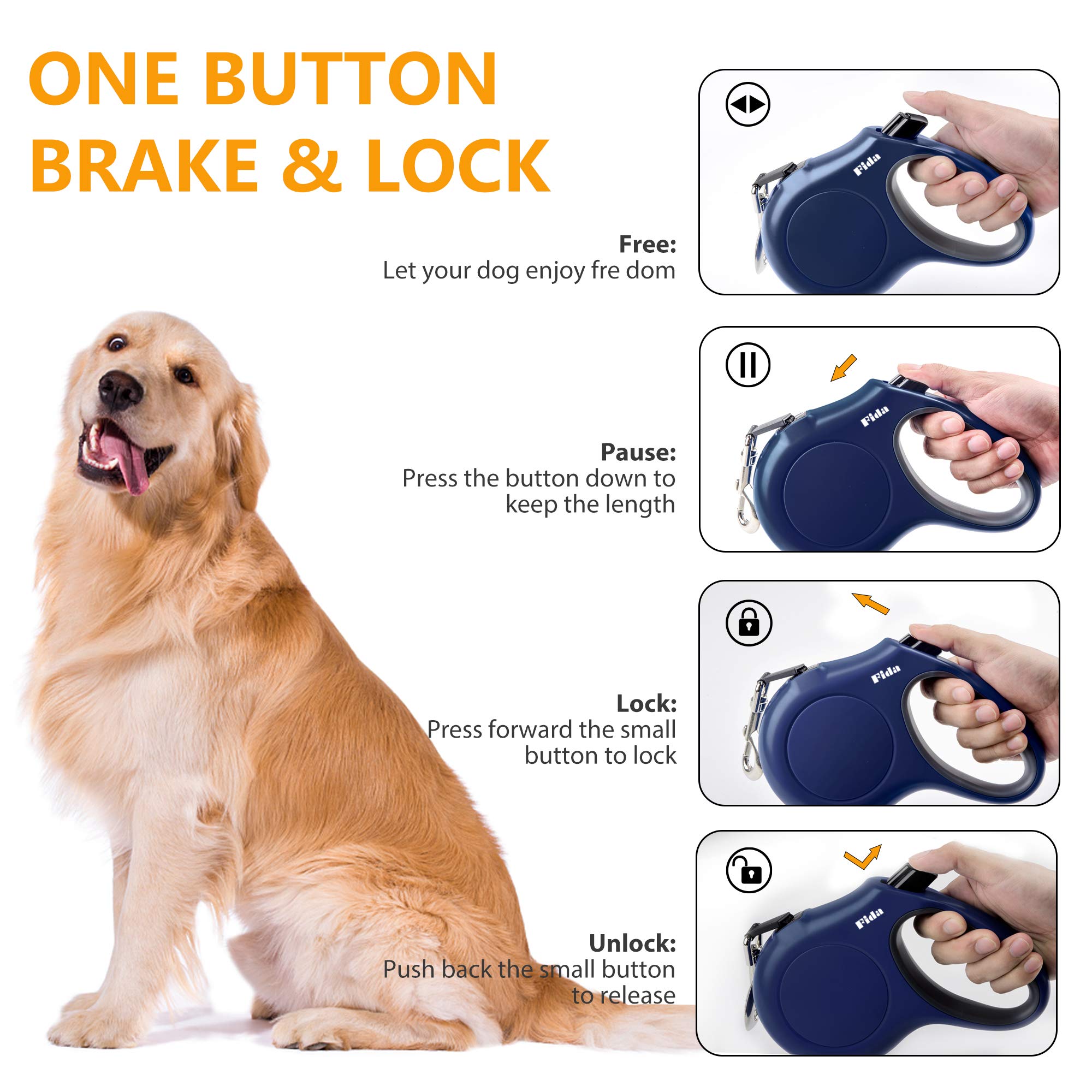 Foto 5 pulgar | Correa Retráctil Para Perros Fida De 16 Pies Para Perros Grandes De Hasta 50 Kg, Color Azul Marino - Venta Internacion