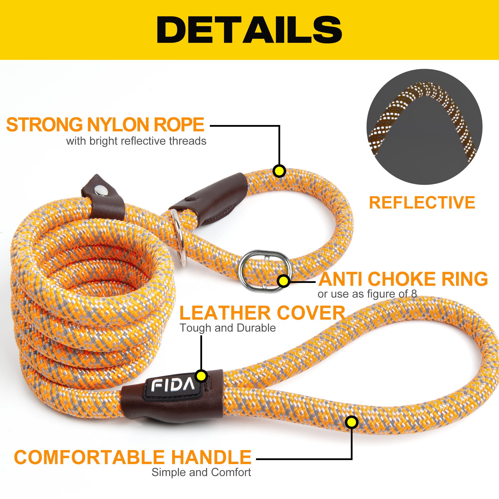 Foto 3 pulgar | Correa Para Perros Fida, Duradera, De Nailon, 6 Pies X 3/8 Pulgadas, Naranja - Venta Internacional.