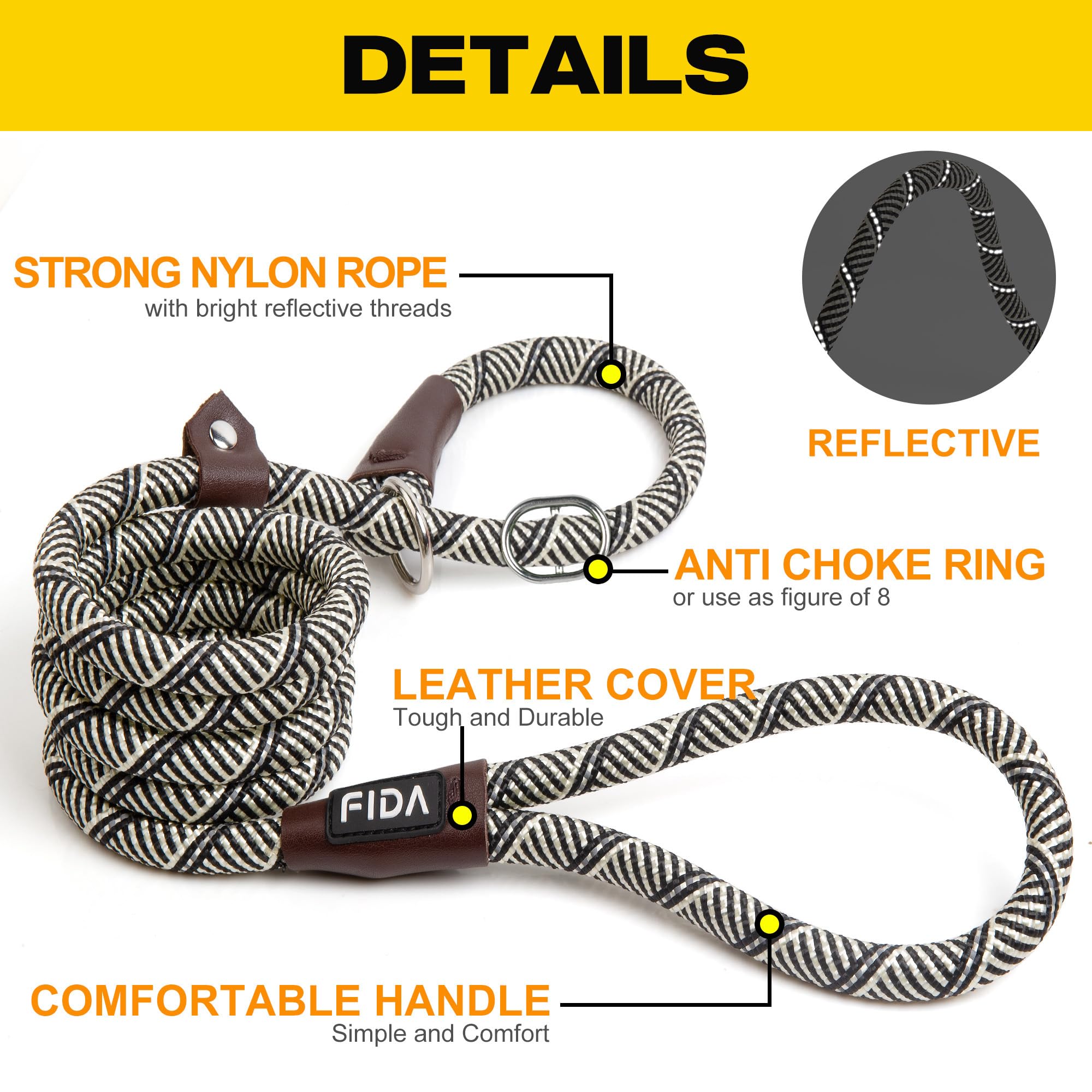 Foto 3 pulgar | Cuerda De Nailon Slip Lead Fida Durable De 1,8 M X 1,3 Cm Para Perro, Color Gris - Venta Internacional.