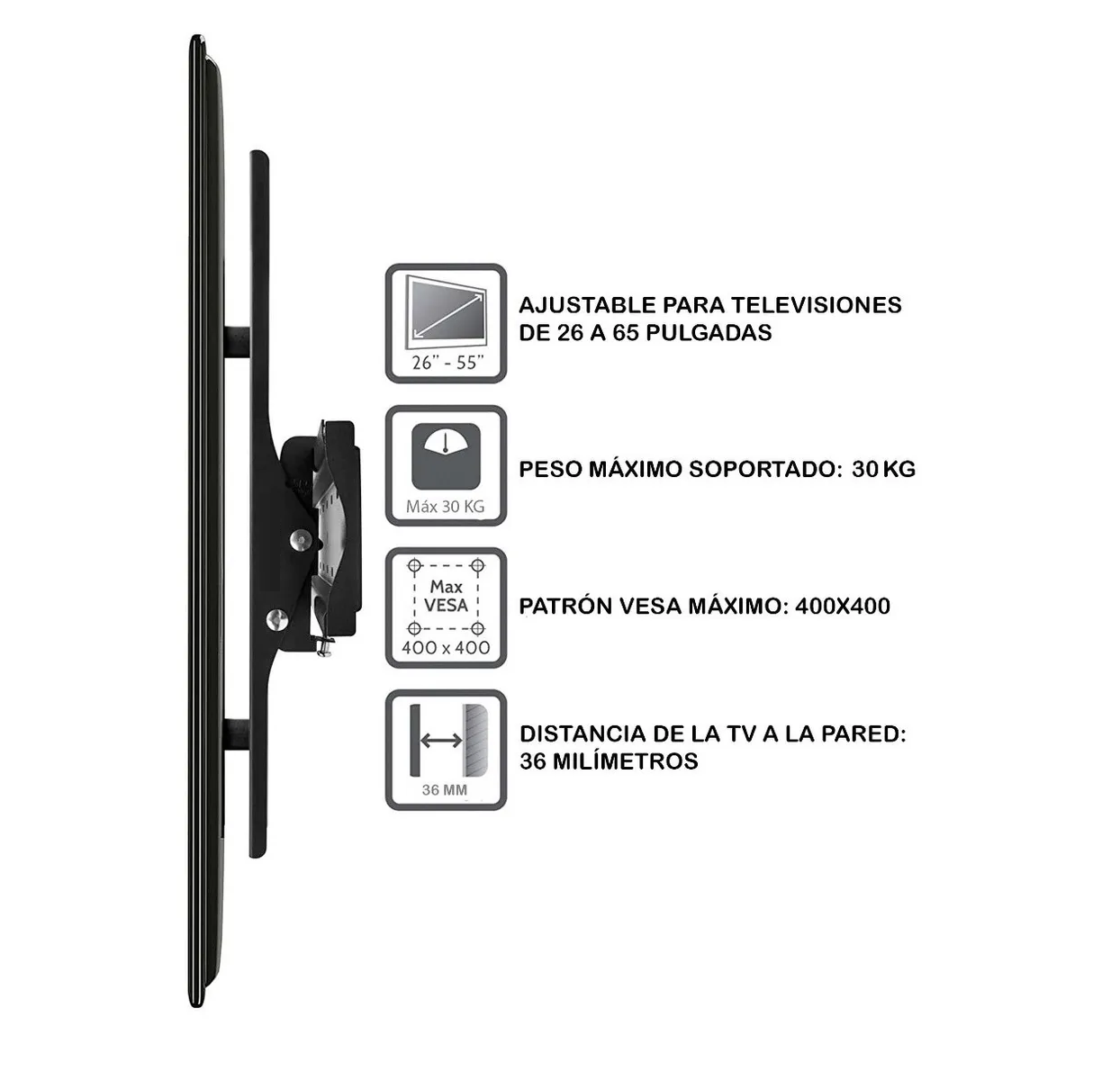 Foto 3 | Soporte Articulado de Pared para TV o Monitor Pantalla EO Safe Imports 26 a 65 Pulgadas color Negro