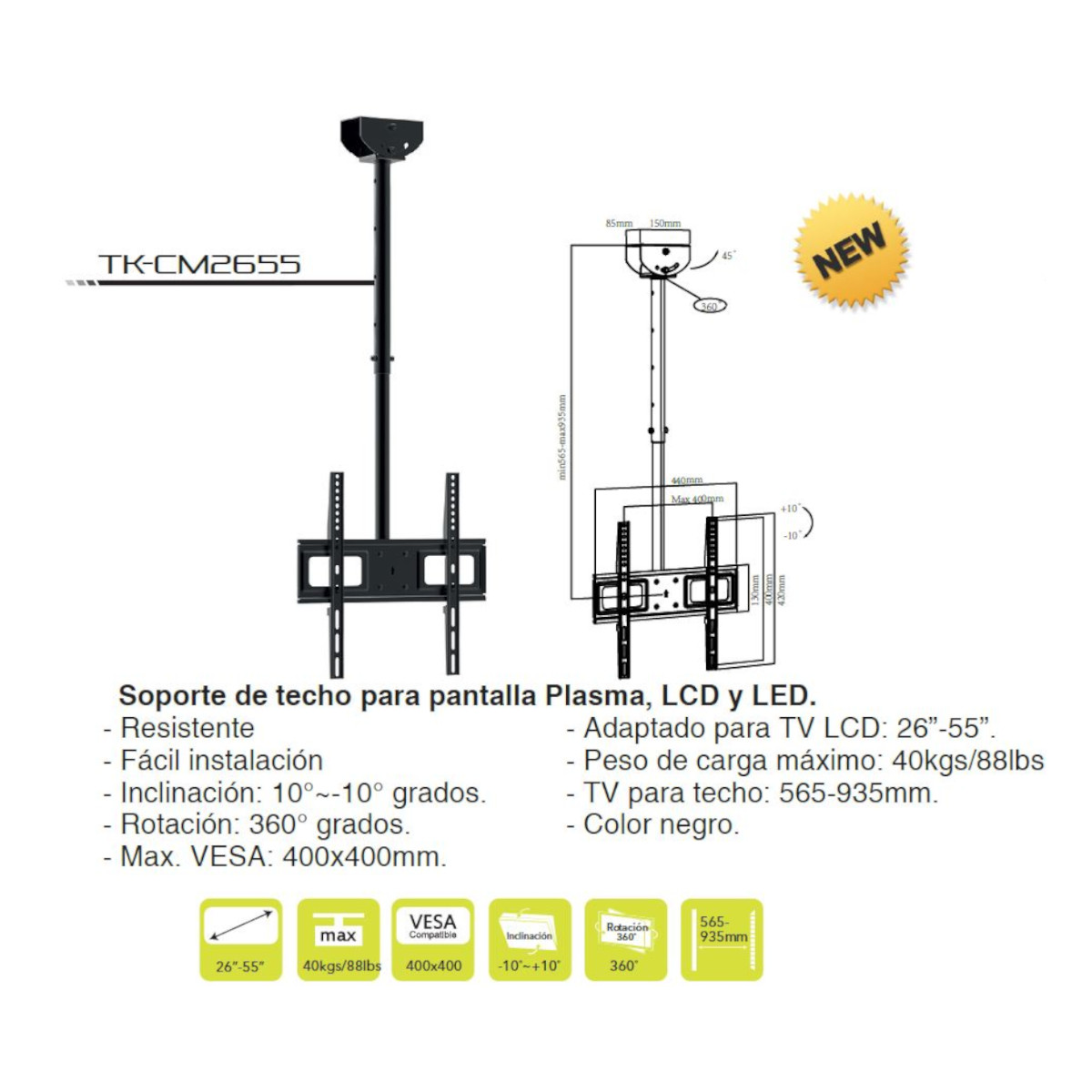 Foto 3 | Soporte De Techo Para Pantalla Taika Tk-cm2655 Plasma Lcd Y Led 360° Vesa 600x400 De 26'' A 55''