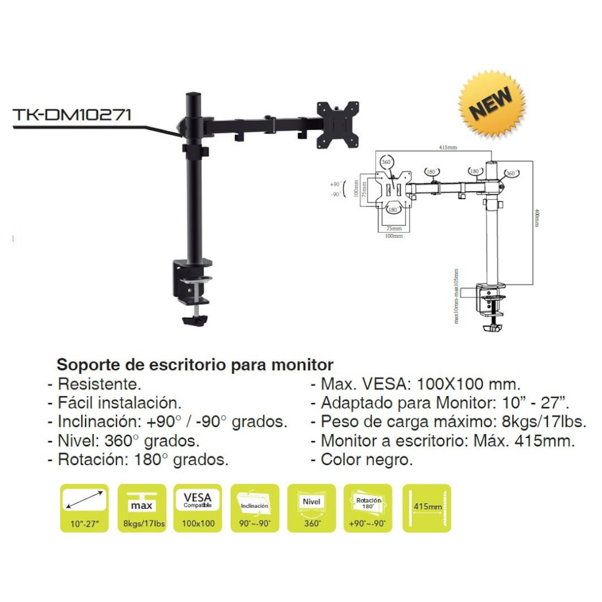 Foto 4 pulgar | Soporte de Escritorio para 1 Monitor Taika Tk-dm10271 Negro Vesa 100x100mm 10''-27''