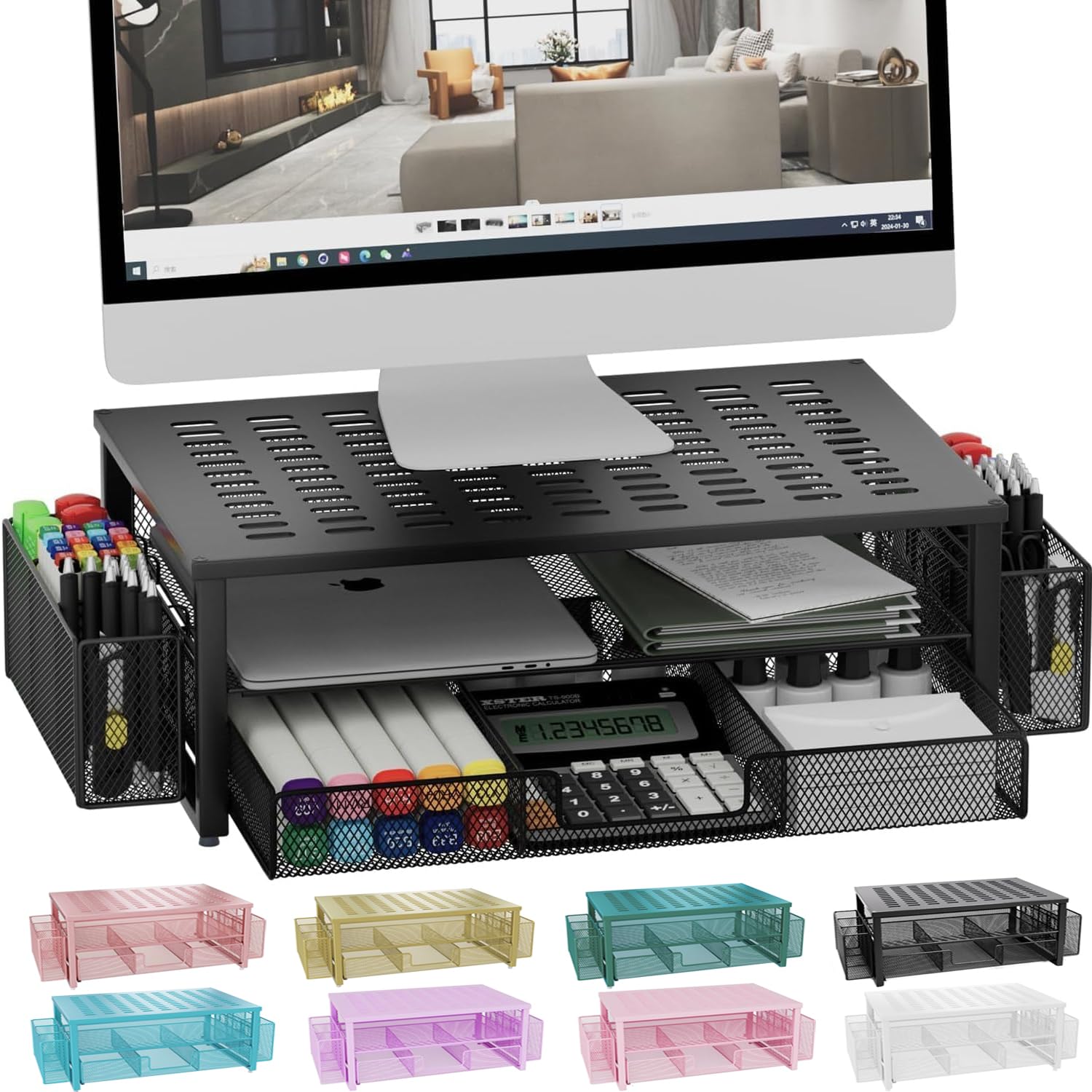 Escritorio Gianotter Con Soporte Para Monitor, Cajón Y Soporte Para 2 Bolígrafos - Venta Internacional.