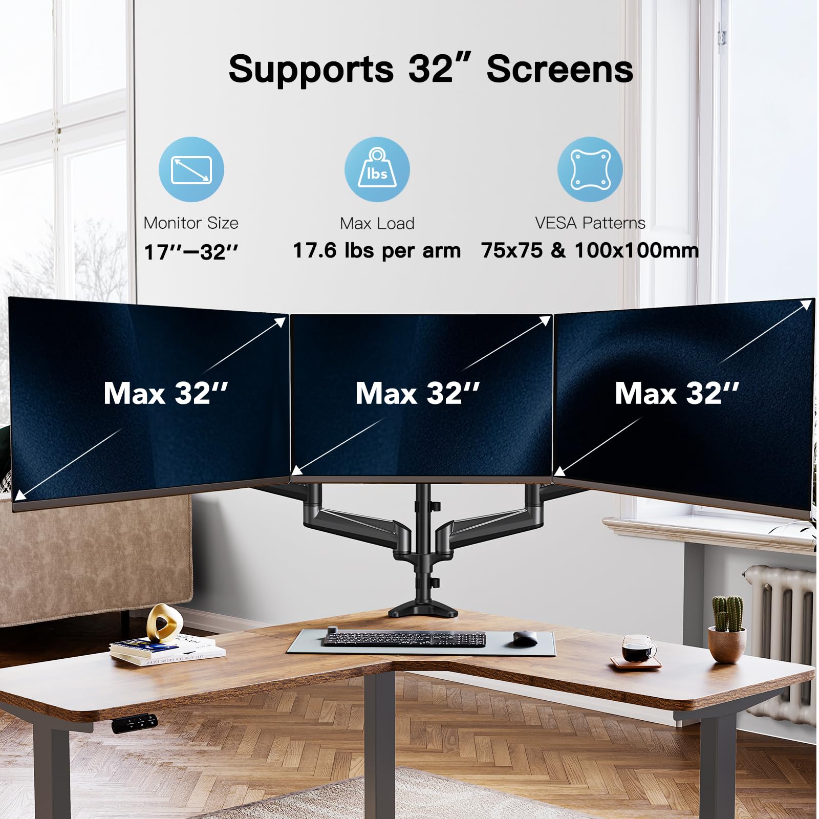 Foto 3 pulgar | Soporte de Triple Monitor Huanuo para Pantallas de 17 a 32 Pulgadas con Resortes de Gas - Venta Internacional