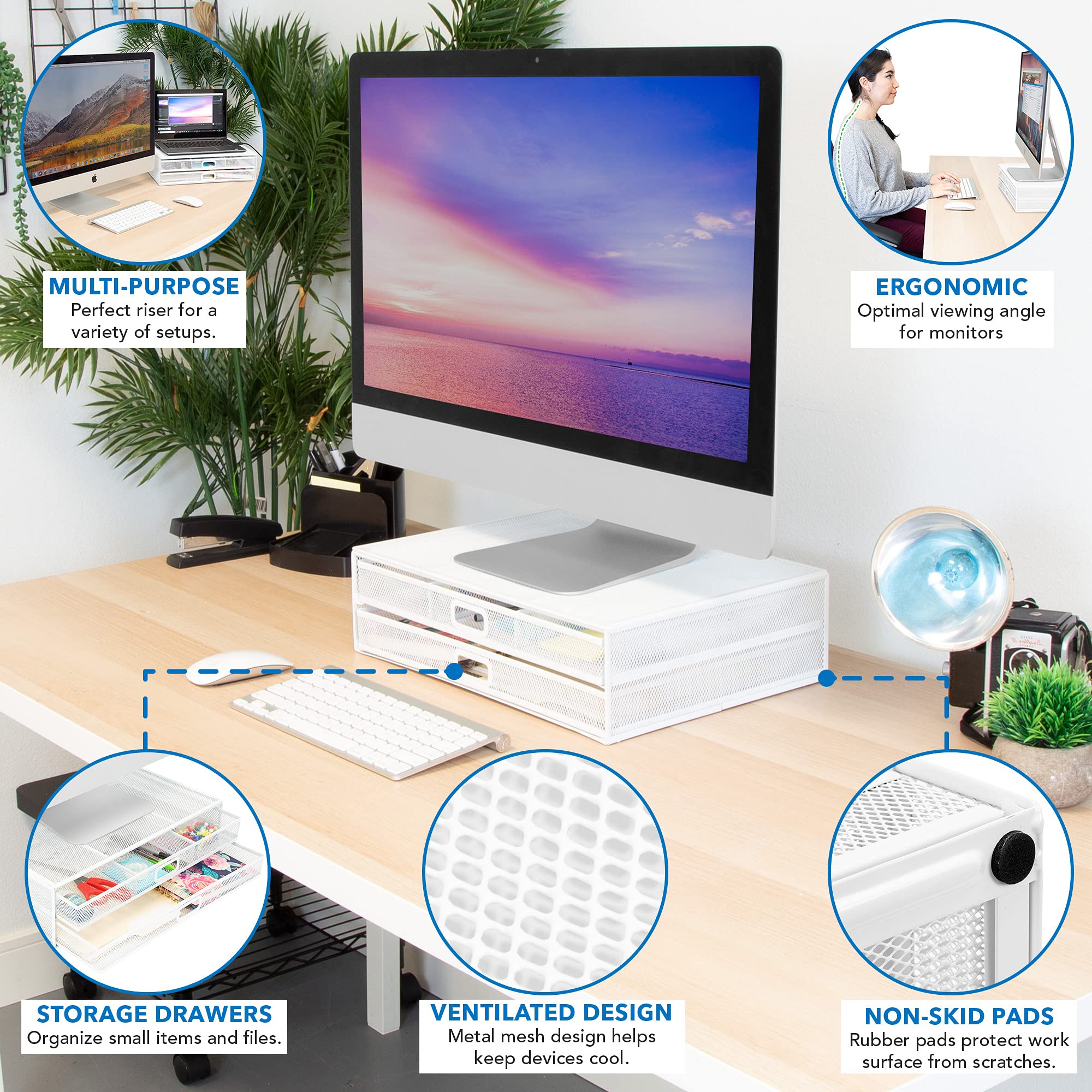 Foto 2 | Soporte Elevador Para Monitor Mount-it! Malla Metálica Con 2 Cajones  Color Blanco - Venta Internacional.