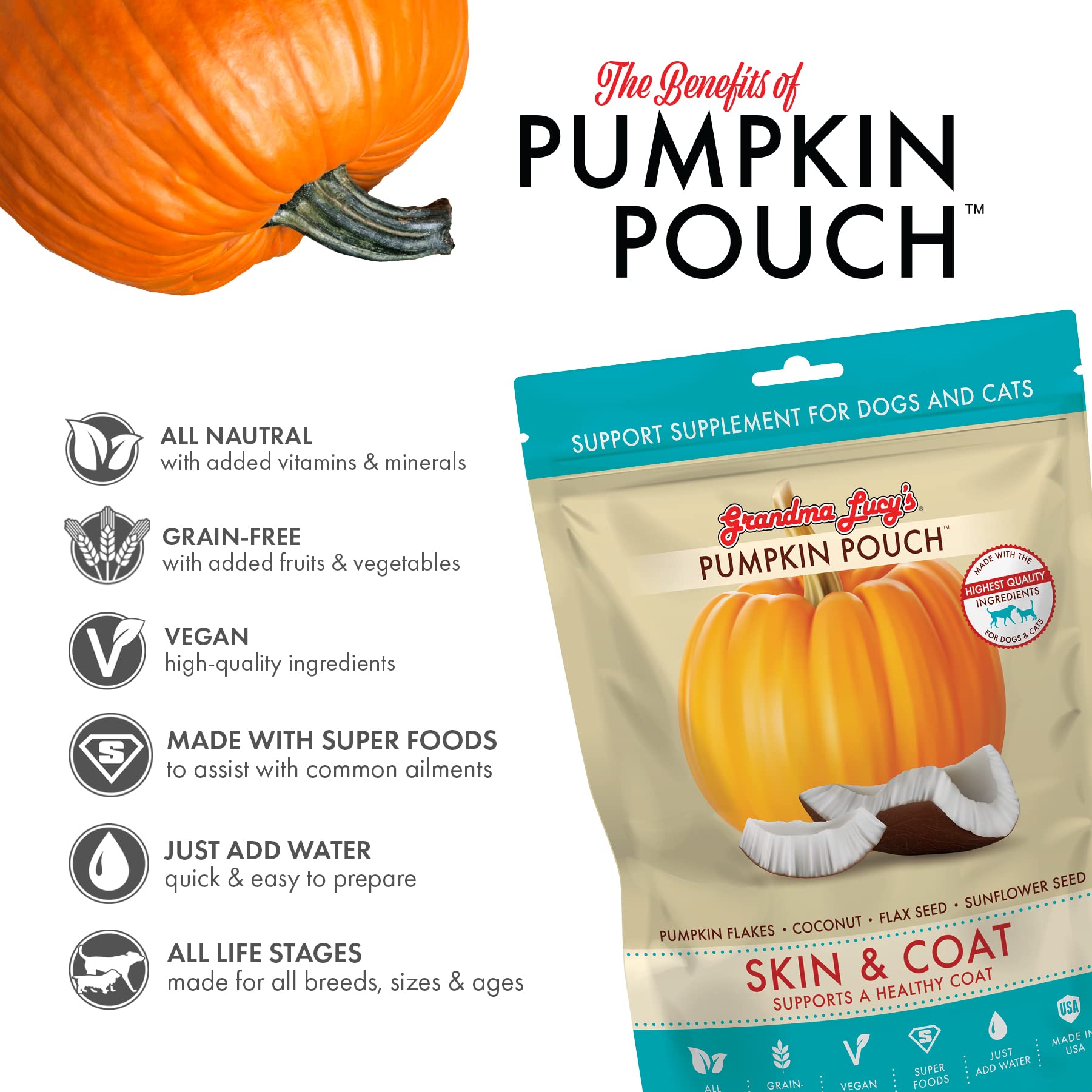 Foto 2 | Pet Food Grandma Lucy's Pumpkin Pouch Skin & Pelaje 180 Ml - Venta Internacional.