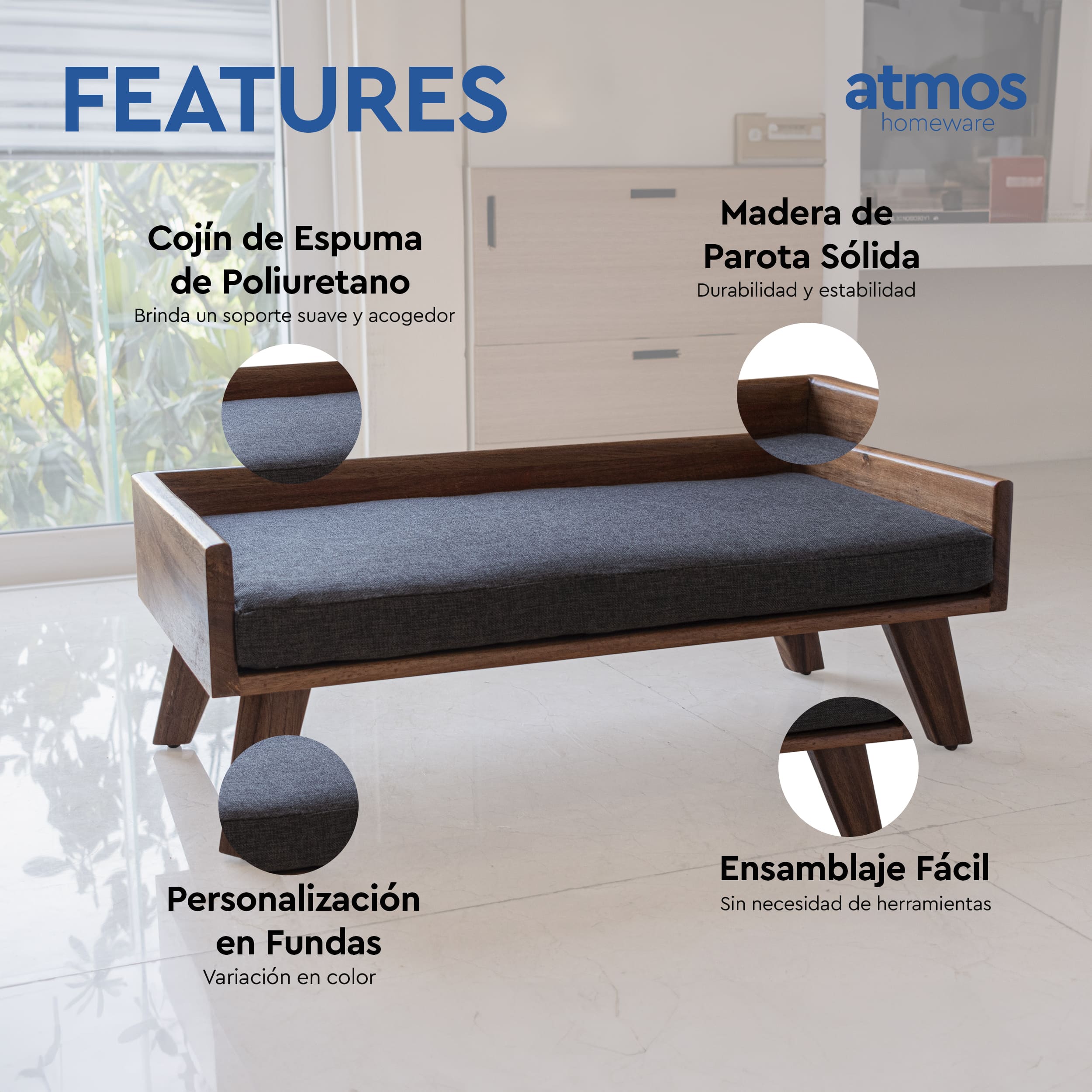 Foto 3 | Cama Para Perro Atmos Homeware Fabricada En Madera  Con Cojín De Espuma De Poliuretano  Tamaño Mediano