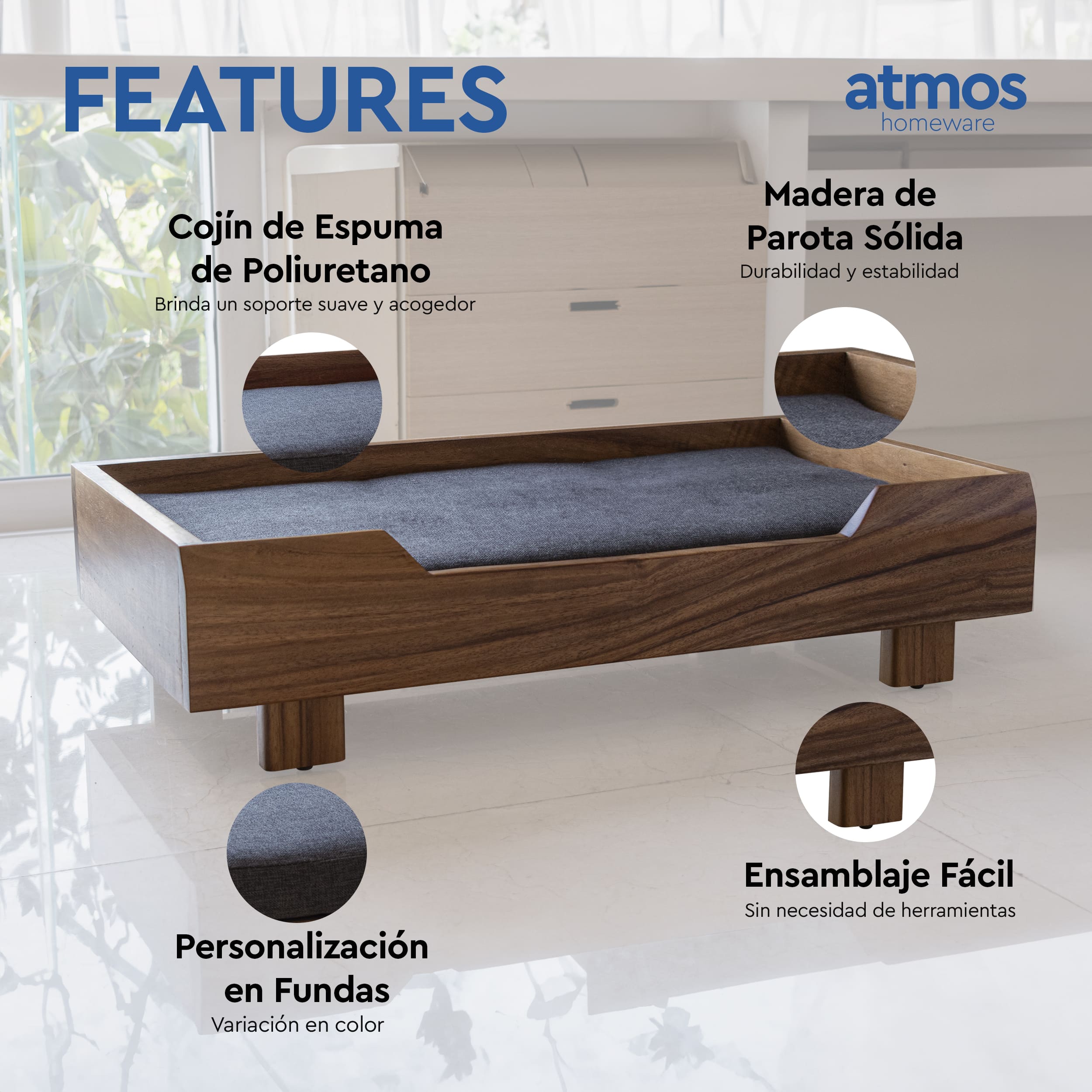 Foto 4 pulgar | Cama Para Perro Fabricada En Madera Con Cojín De Espuma De Poliuretano  Tamaño Mediano