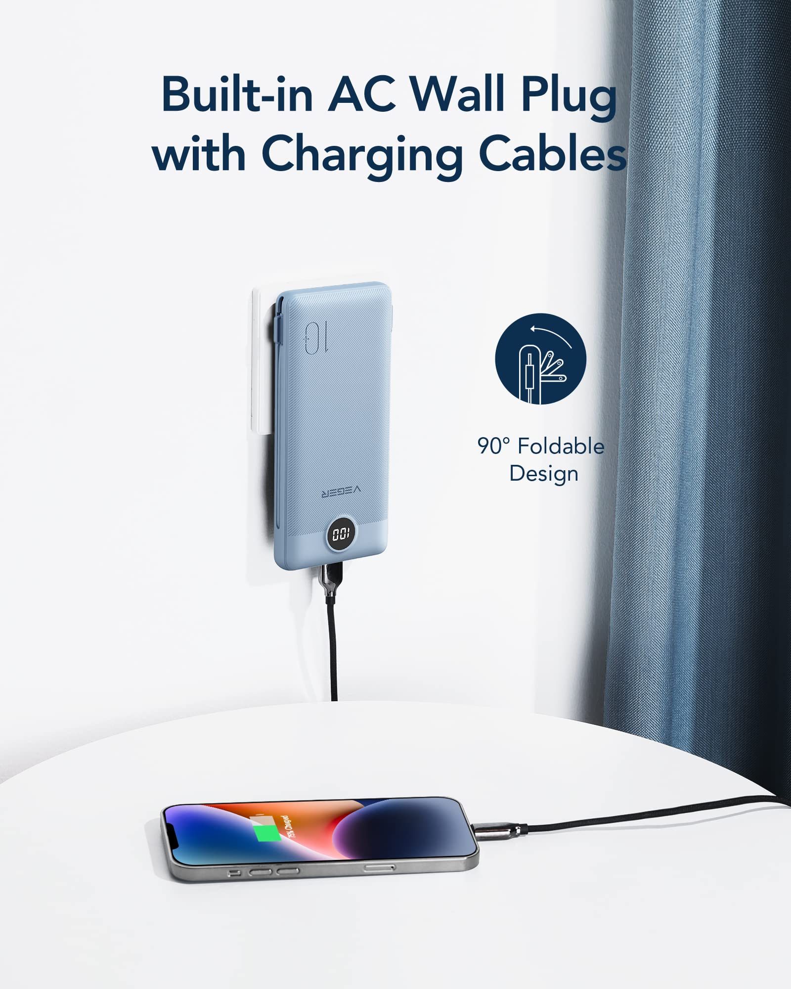 Foto 3 | Cargador Portátil Veger De 10000 Mah Con Cables Integrados, Color Negro - Venta Internacional.