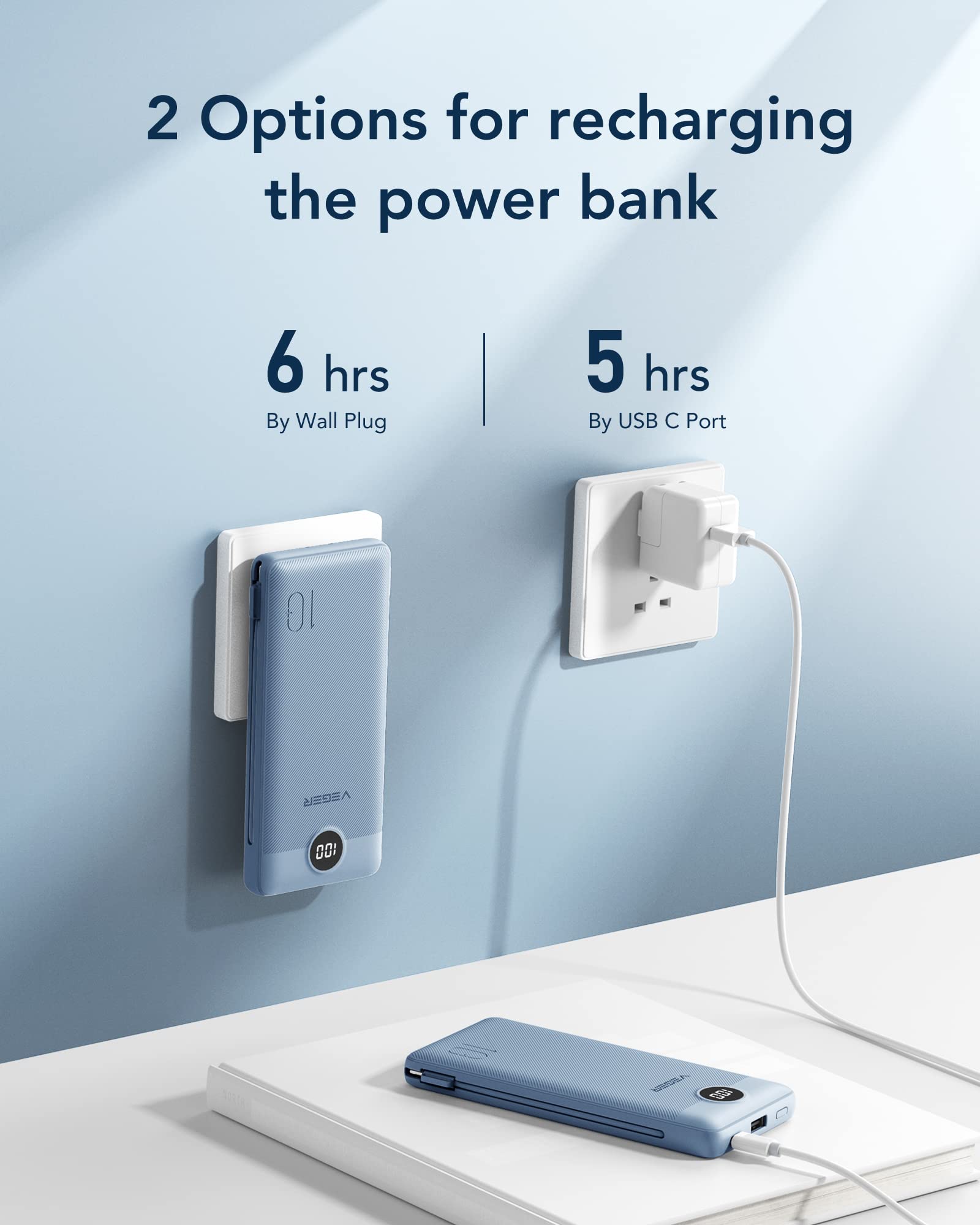 Foto 5 | Cargador Portátil Veger De 10000 Mah Con Cables Integrados, Color Negro - Venta Internacional.