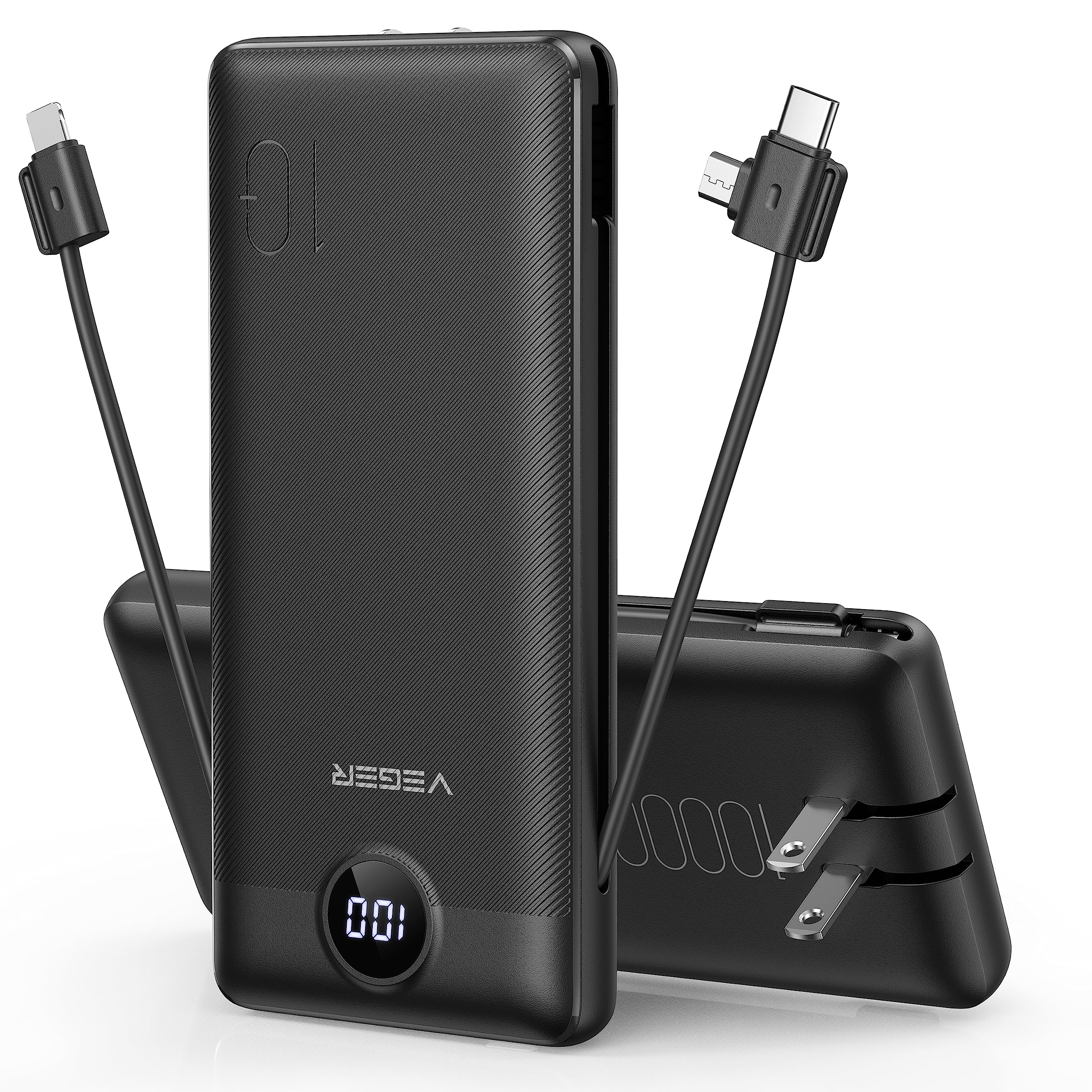 Foto 2 pulgar | Cargador Portátil Veger De 10000 Mah Con Cables Integrados, Color Negro - Venta Internacional.