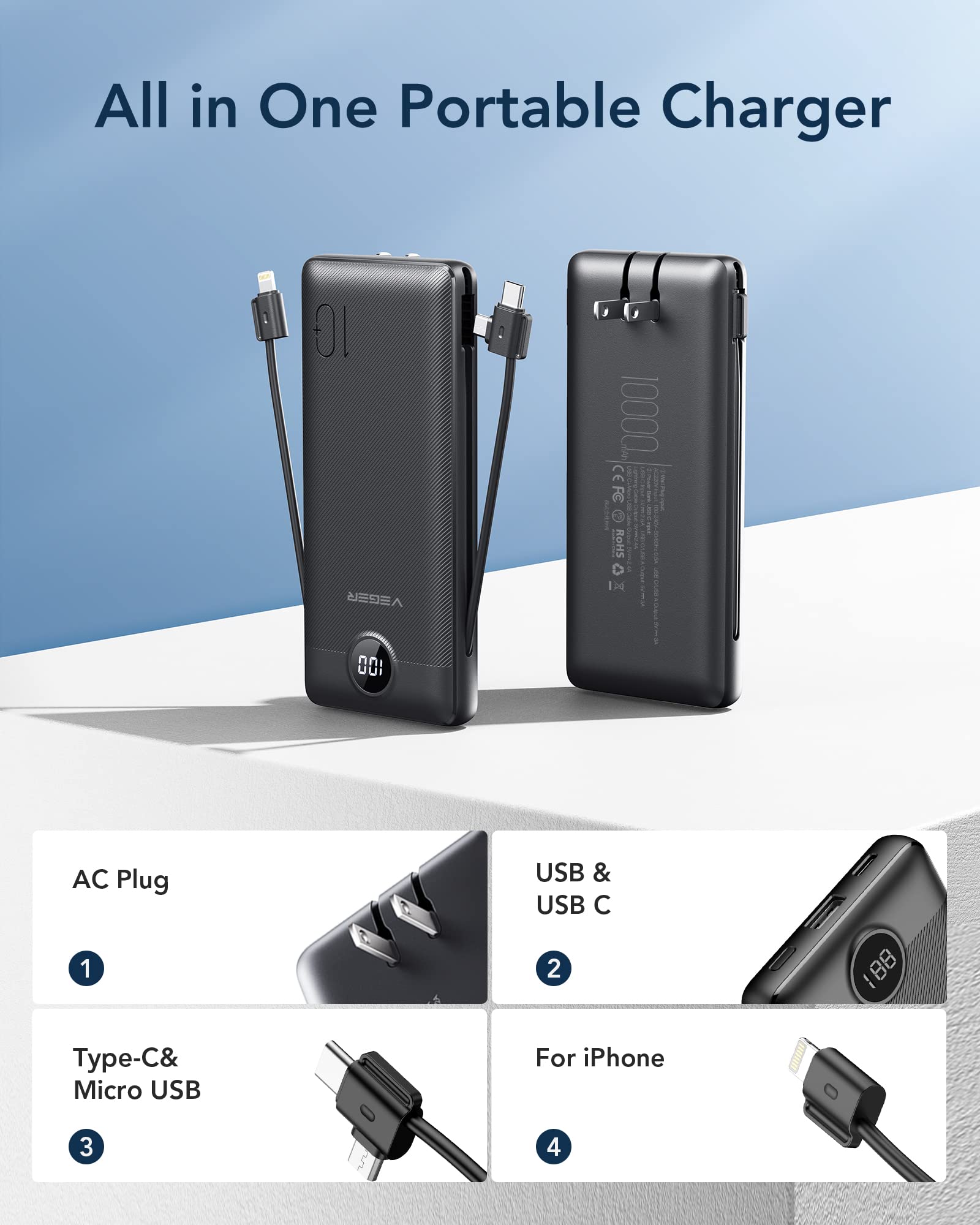 Foto 3 pulgar | Cargador Portátil Veger De 10000 Mah Con Cables Integrados, Color Negro - Venta Internacional.