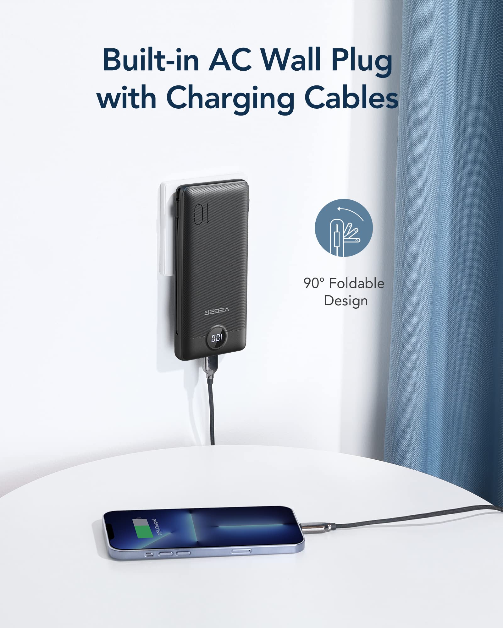 Foto 4 pulgar | Cargador Portátil Veger De 10000 Mah Con Cables Integrados, Color Negro - Venta Internacional.
