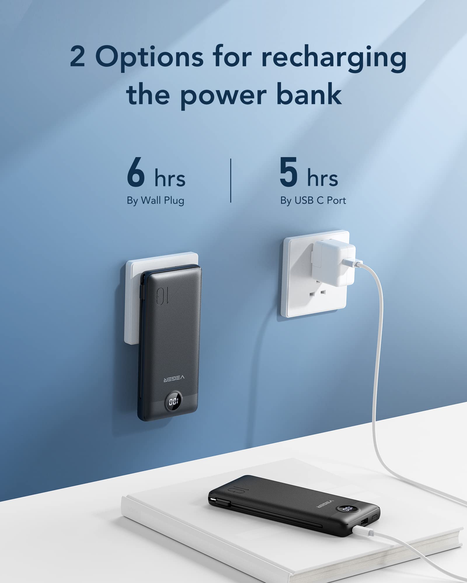 Foto 5 | Cargador Portátil Veger De 10000 Mah Con Cables Integrados, Color Negro - Venta Internacional.