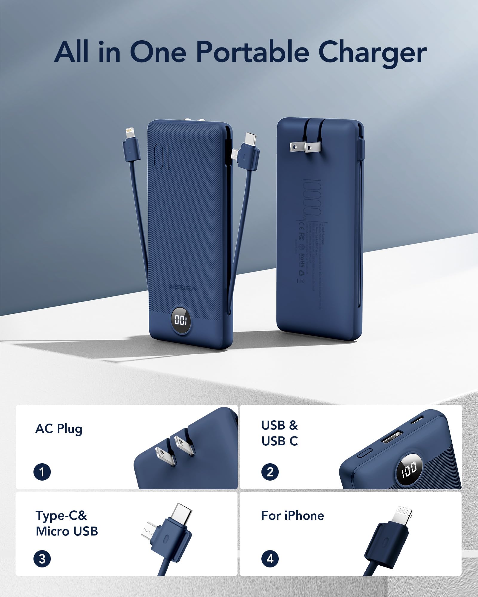 Foto 3 pulgar | Cargador Portátil Veger De 10000 Mah Con Cables Y Enchufe Integrados - Venta Internacional.