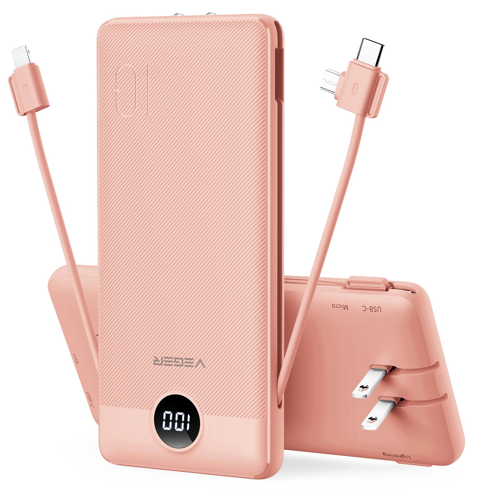 Cargador Portátil Veger De 10000 Mah Con Cables Integrados, Color Rosa Oscuro - Venta Internacional.