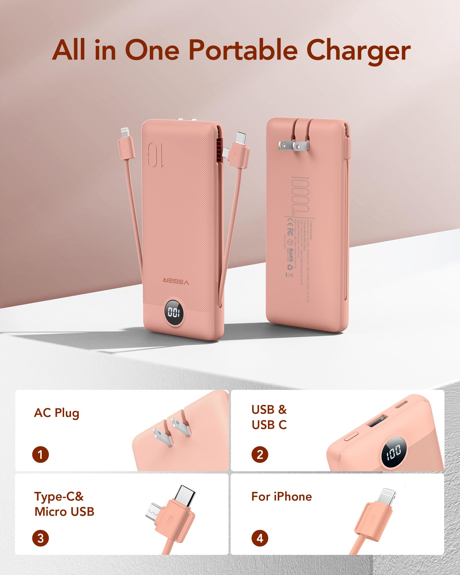 Foto 2 | Cargador Portátil Veger De 10000 Mah Con Cables Integrados, Color Rosa Oscuro - Venta Internacional.