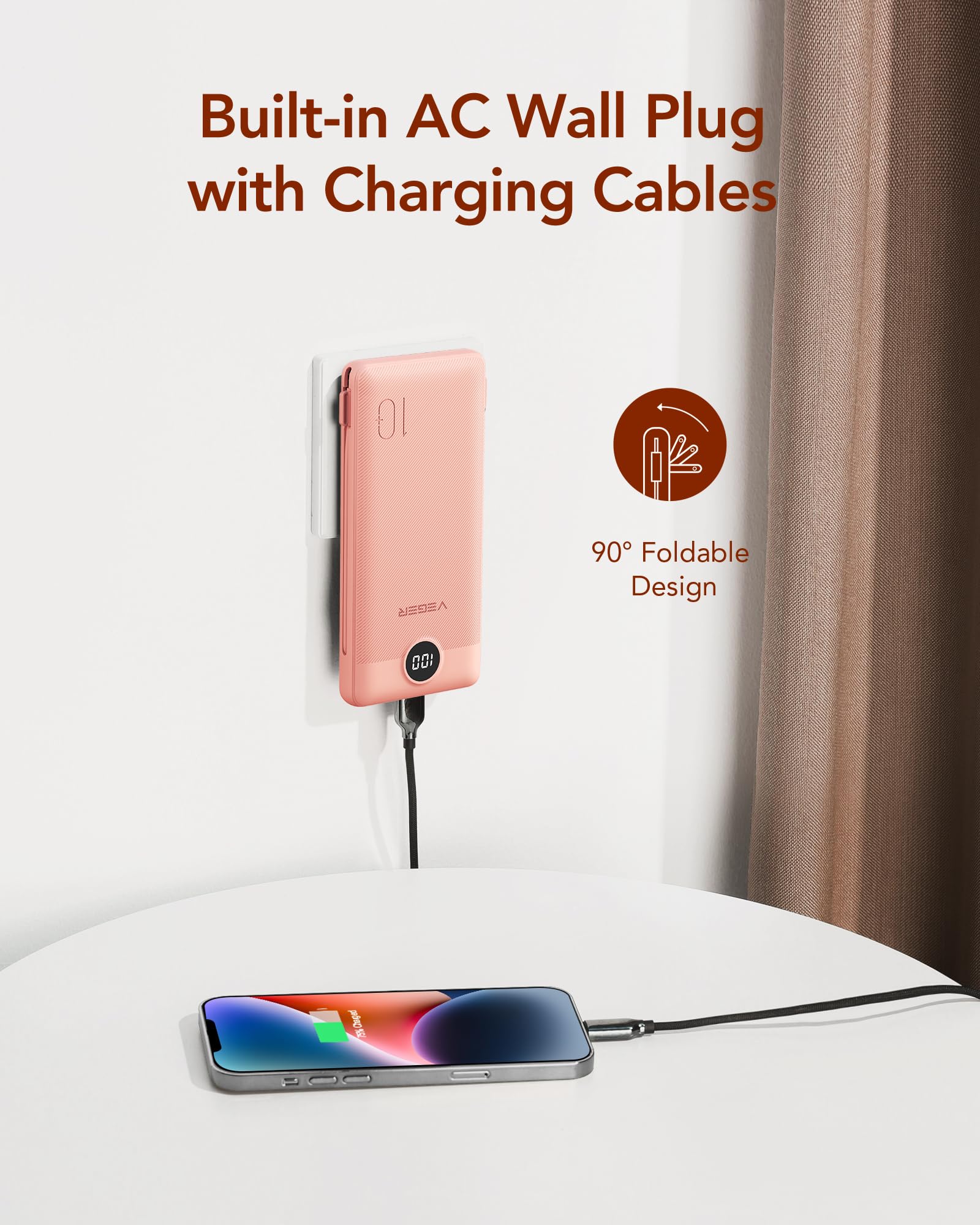 Foto 3 | Cargador Portátil Veger De 10000 Mah Con Cables Integrados, Color Rosa Oscuro - Venta Internacional.