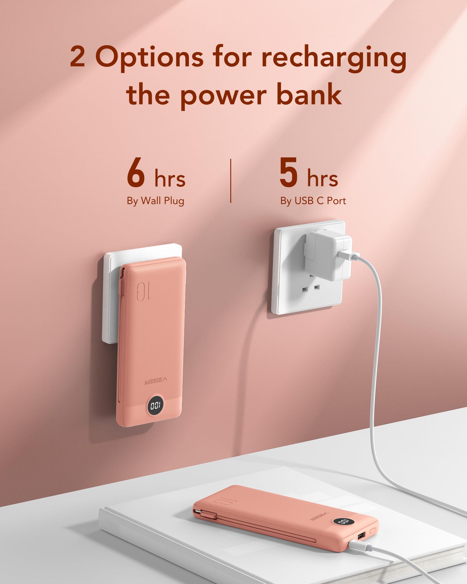 Foto 4 | Cargador Portátil Veger De 10000 Mah Con Cables Integrados, Color Rosa Oscuro - Venta Internacional.